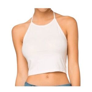 Brandy Melville Sachi Halter Top White Knit Tie Neck Low Cut Back OS